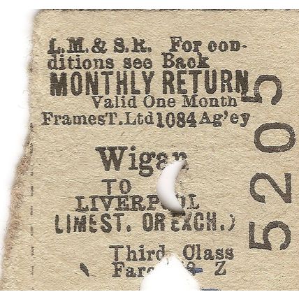 L.M.S.R. Edmondson Ticket - Wigan to Liverpool Lime Street or Exchange
