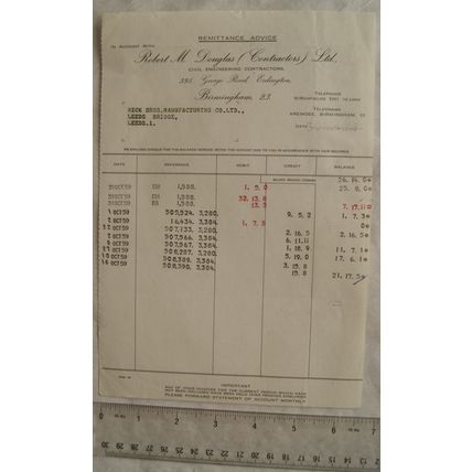 1959 Remittance Advice Robert M. Douglas, Erdington to Hick Bros, Leeds
