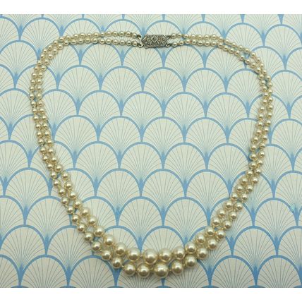 Vintage 1950s Double Strand Glass Pearl Bead Necklace with Sterling Silver Clasp