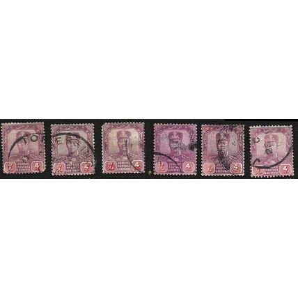 JOHORE 1924 w.MSCA 4c Sc#106 USED x6 MIXED CONDITION 1 with MERSING canc @N807
