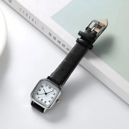 Ladies Small 2.3 cm White Square Face Gold Case Black Leather Strap Watch