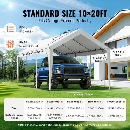 VEVOR Carport Replacement Canopy Cover 10 X 20 Ft, Garage Top Tent Shelter Tarp
