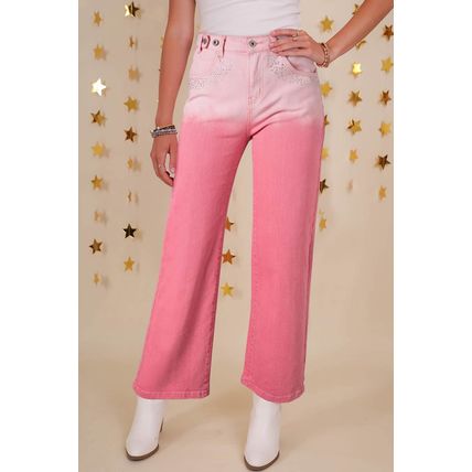 Pink Scattering Rhinestone Gradient Denim Pants