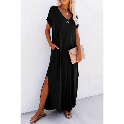 Black V Neck Hidden Pocket Splits Maxi T-shirt Dress