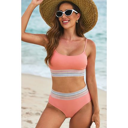 Peach Blossom Striped Patchwork Spaghetti Strap High Waist Bikini Swimsuit