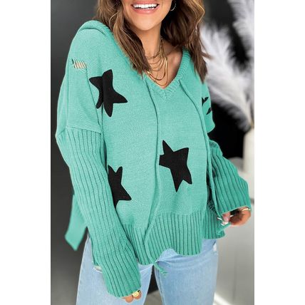 Green V Neck Star Pattern Hooded Sweater with Slits