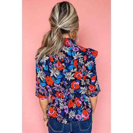 Blue Floral Print Ruffle Peplum Top