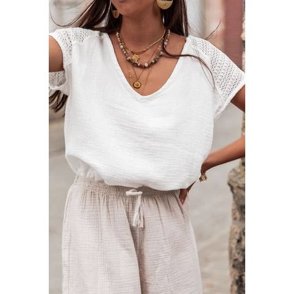 White Lace Crochet Textured Button Back V Neck T Shirt
