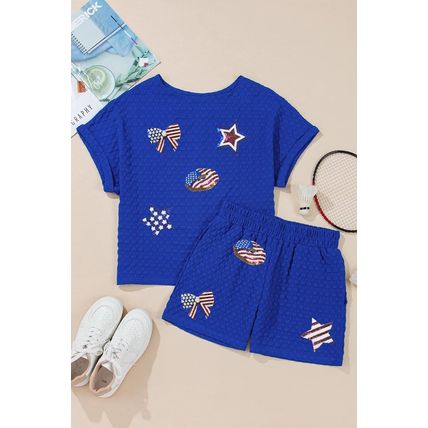 Sky Blue Flag Pattern Sequined Bows Donuts Loose 2pcs Shorts Set