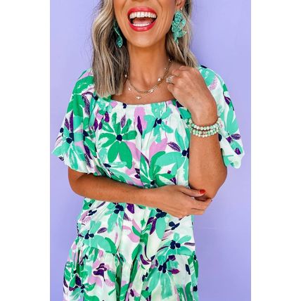 Green Floral Print Shirred Square Neck Loose Fit Mini Dress