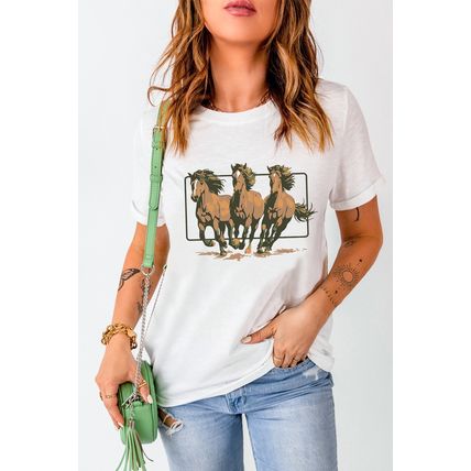 White Texas Horse Graphic Cuffed Sleeve Graphic T Shirt