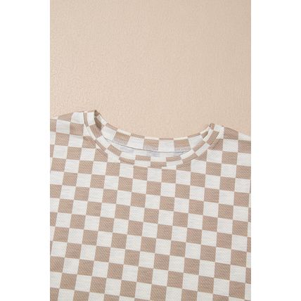 Brown Checkerboard T Shirt and High Waist Skorts 2 Piece Outfit
