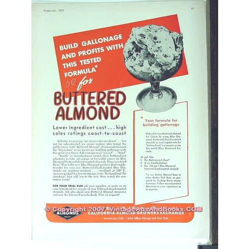 BLUE DIAMOND ALMONDS 1951 buttered almond ice cream flavor vintage ad