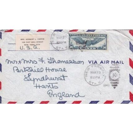 United States 1941 New York to Lyndhurst UK Air Mail Cover New York cancel VGC