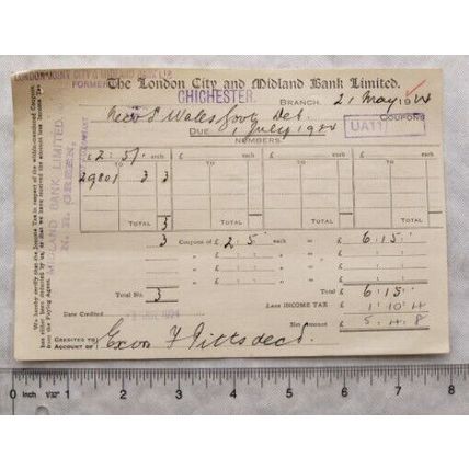 1924 credit coupon slip London City & Midland Bank, Chichester