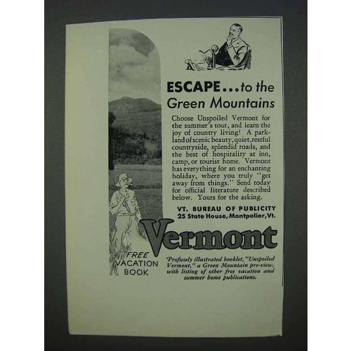 1935 Vermont Tourism Ad - Escape to Green Mountains