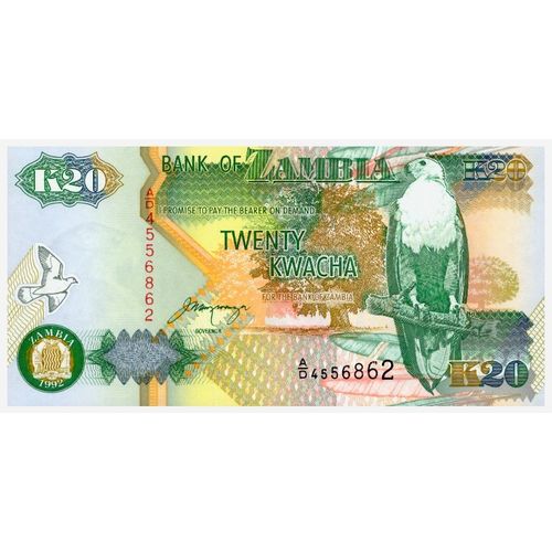 1992 Zambia 20 Kwacha Banknote UNC