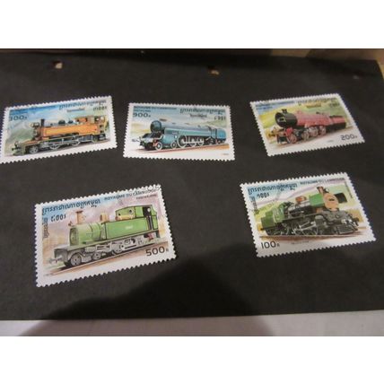 CAMBODIA, ASIA . set of 5 loose stamps railway, trains. =