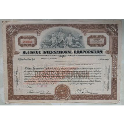 Reliance International Corporation 1 Share 1932 Stock/Share Certificate