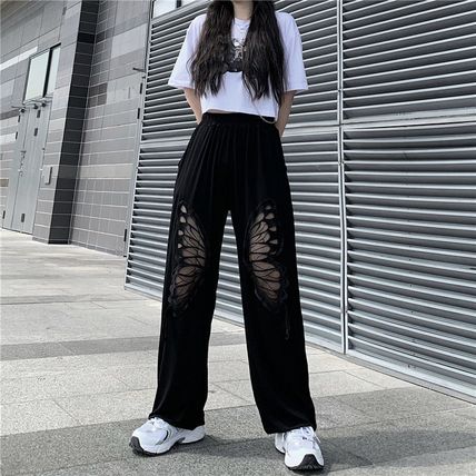 Women Loose Trousers Pants Hollow Out Butterfly Drop Elastic Waist Hip-hop