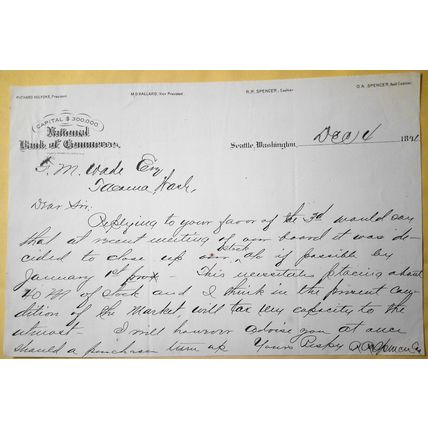 1891 National Bank of Commerce, Seattle, Washington - note on letterhead