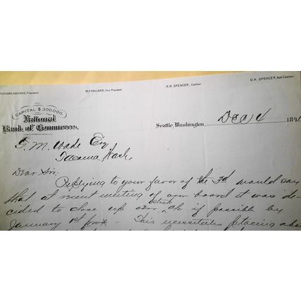 1891 National Bank of Commerce, Seattle, Washington - note on letterhead