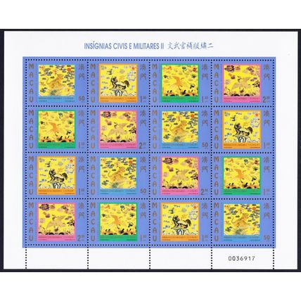 Macao Macau Birds Civil and Military Insignia Sheetlet of 4 sets 1998 MNH