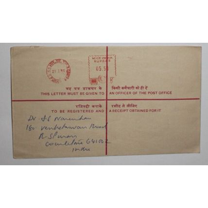 India 1986 Prepaid Registered Letter India to London, England with Meter Stamp