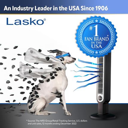 Lasko Oscillating Tower Fan, Remote Control, Ionizer, 3 Speeds, Timer, for Bedro