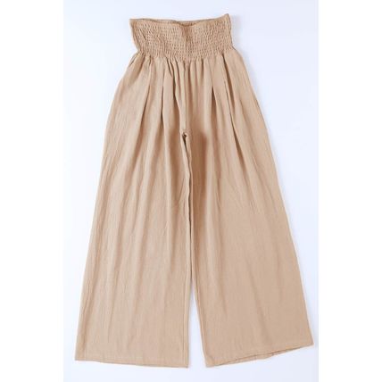 Khaki Smocked Wide Waistband High Waist Wide Leg Pants