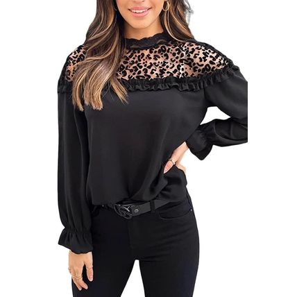 Black Leopard Mesh Splicing Ruffle Long Sleeve Blouse