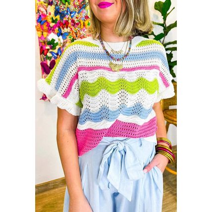 White Colorblock Crochet Knit Ruffled Short Sleeve Sweater Top