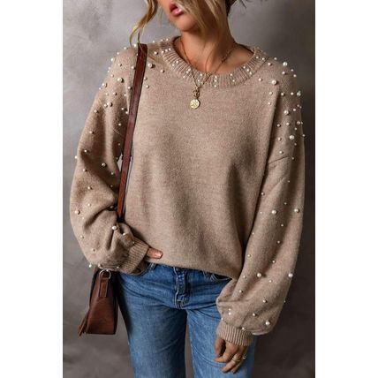 Smoke Gray Pearled Drop Shoulder Round Neck Sweater