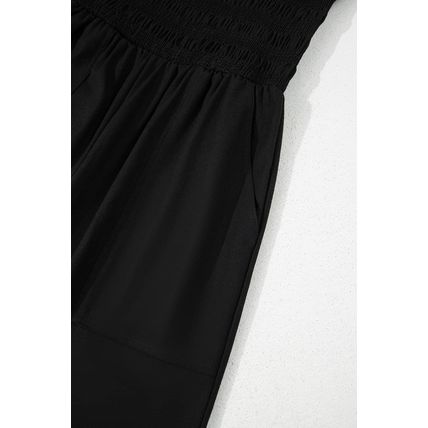 Black Spaghetti Straps Shirred Bodice Pocketed Wide Leg Jumpsuit