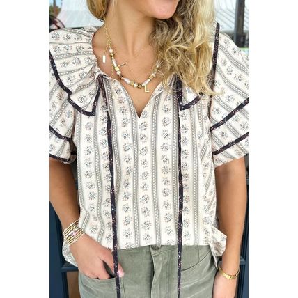 White Floral Ruffled Collar Short Puff Sleeve Printed Blouse