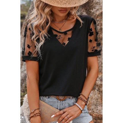 Black Flora Lace Patchwork Crew Neck T Shirt