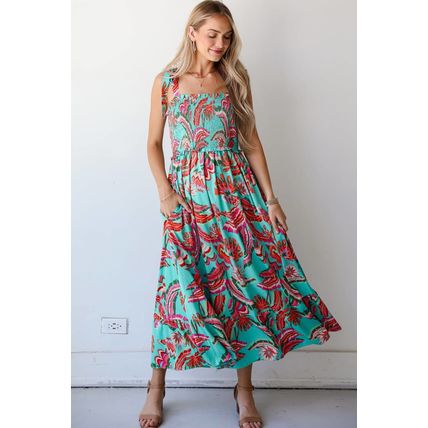 Green Abstract Print Smocked Bodice Knotted Straps Ruffled Maxi Dress