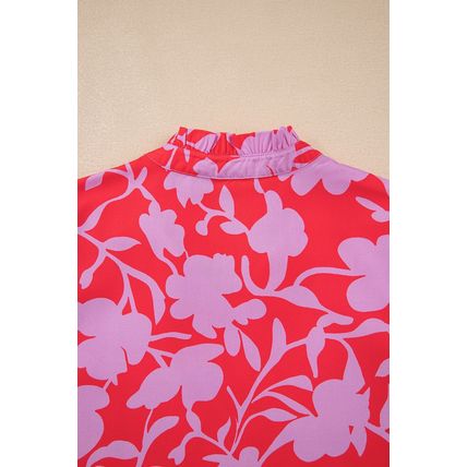Red Floral Three Quarter Sleeves Ruffle Hem Mini Dress