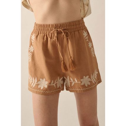 Khaki Embroidered Boho Tasseled Drawstring Elastic Waist Casual shorts