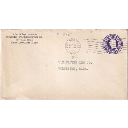 United States 1934 Concord Woodworking Co.Concord MASS-Worcester MASS Cover