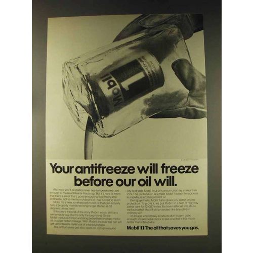 1976 Mobil 1 Oil Ad - Antifreeze Will Freeze Before