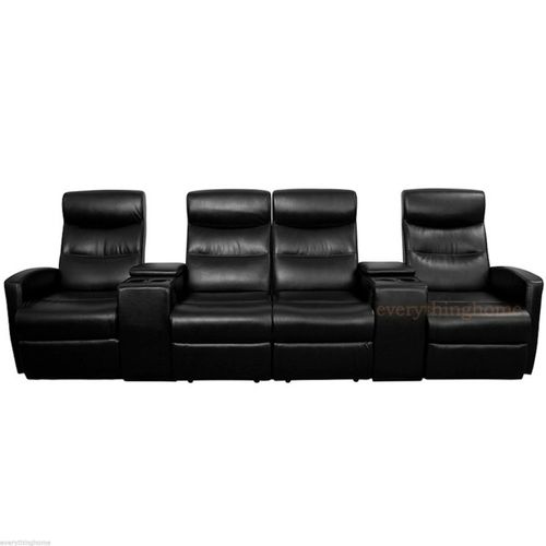 Black Leather-Soft 4-Seat Home Theater Recliners Love Seat Storage Drink Console