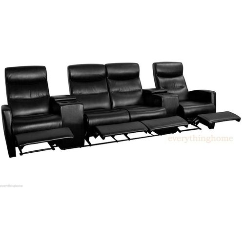 Black Leather-Soft 4-Seat Home Theater Recliners Love Seat Storage Drink Console