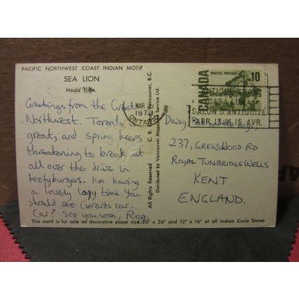 SEA LION, HAIDA TRIBE, INDIAN MOTIF, ONTARIO, CANADA used postcard 1970 pm