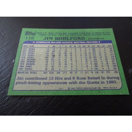 1982 Topps Card # 116A Jim Wohlford Excellent-Mint (6) San Francisco Giants