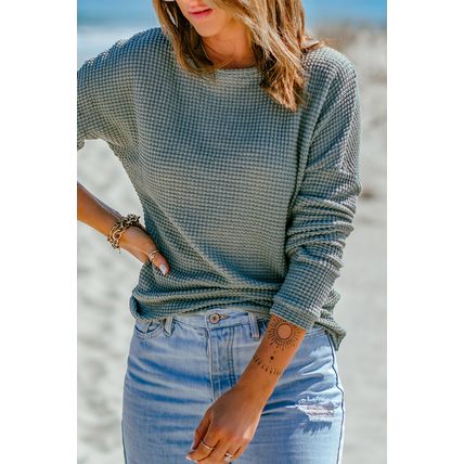 Green Waffle Knit Drop Shoulder Long Sleeve Top