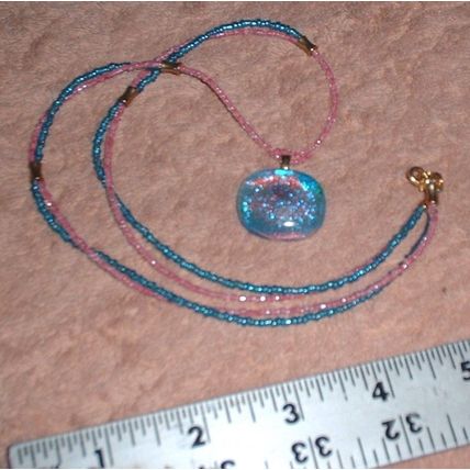 Dichroice Fused Glass Pendant & Glass Bead Handmade Necklace in blue & pink