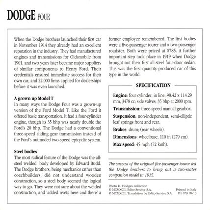 Collectors Club card. Classic Cars. Dodge Four