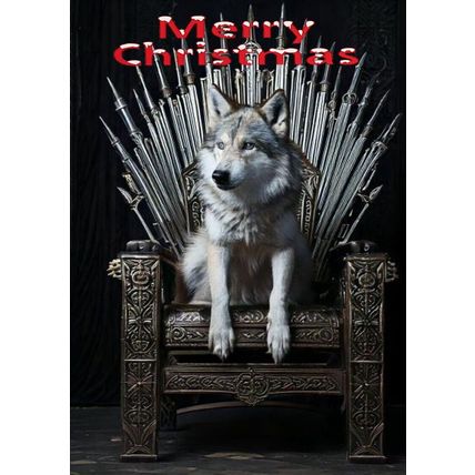 STUNNING WOLF XMAS CARD WOLF ON A THRONE MADE OF SWORDS CHRISTMAS CARD