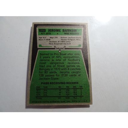 1975 Topps Football Card # 372 Jerome Barkum VG-Ex (4) New York Jets